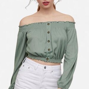 H&M Green Off-Shoulder Women's Top w/ Buttons | Stretchy Fit | Chic Casual